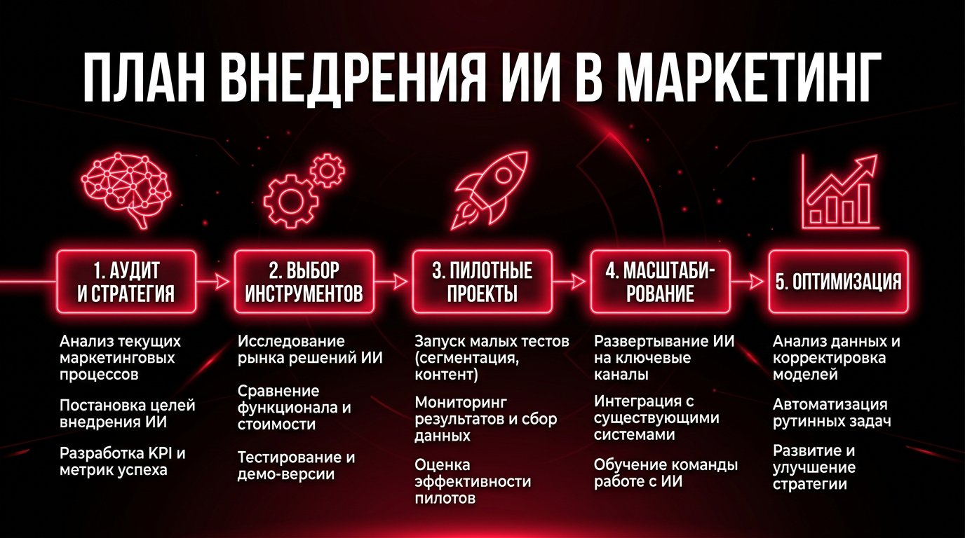 Дорожная карта внедрения ИИ в маркетинг: аудит, выбор инструментов, пилот, масштабирование, оптимизация