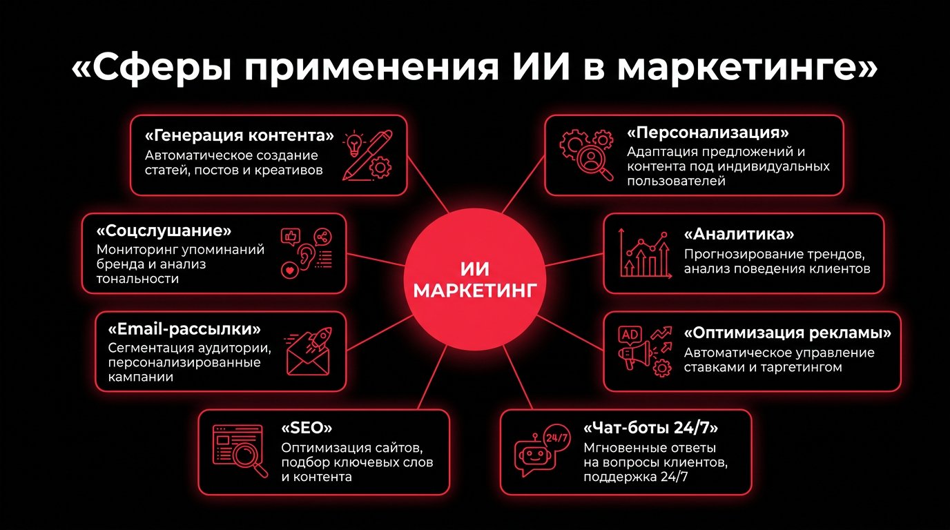 Сферы применения ИИ в маркетинге: генерация контента, персонализация, аналитика, таргетинг, чат-боты, SEO, email, social listening