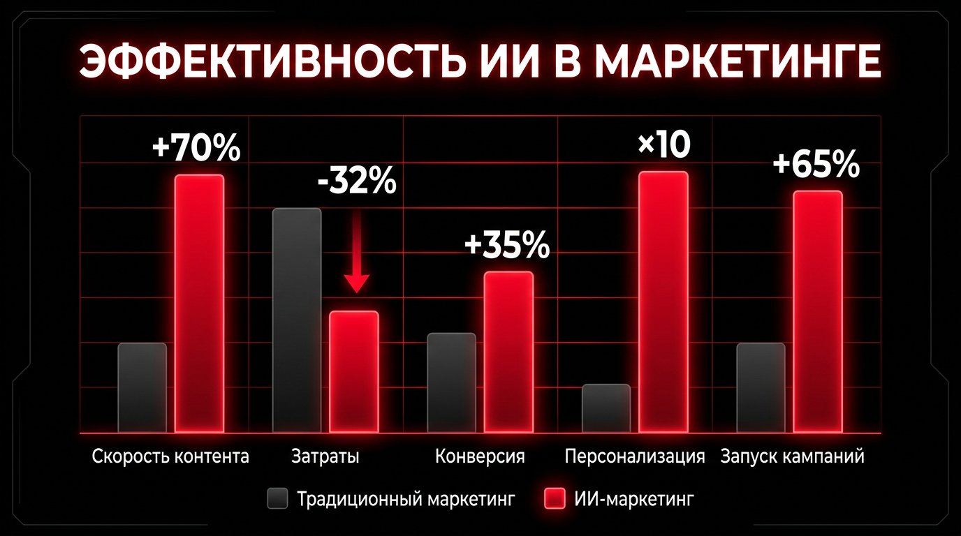ROI ИИ в маркетинге: ускорение контента на 70%, снижение затрат на 32%, рост конверсии на 30-40%